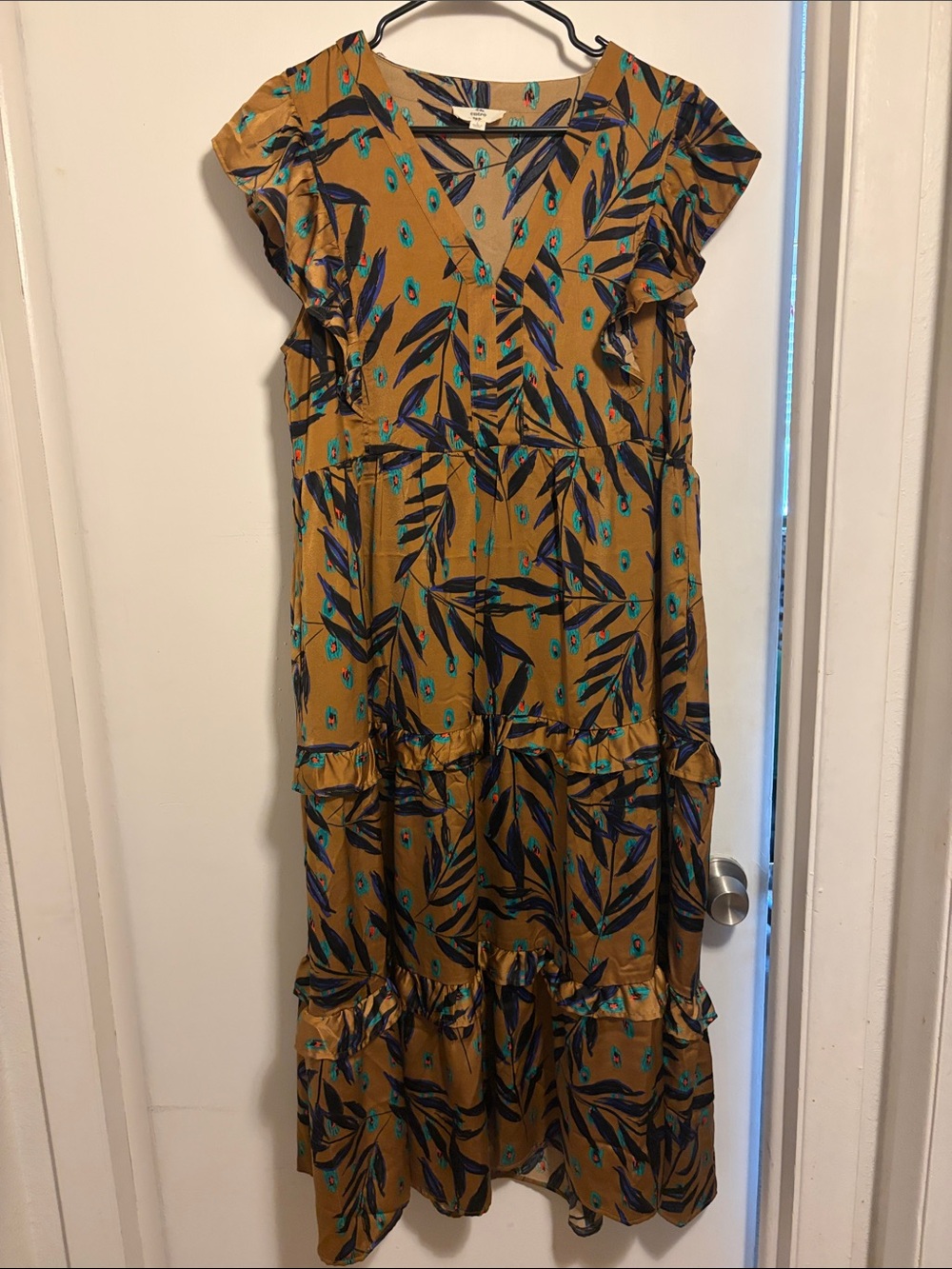 Entro Copper Brown Tiered Floral Midi Dress with Teal & Navy PEACOCK